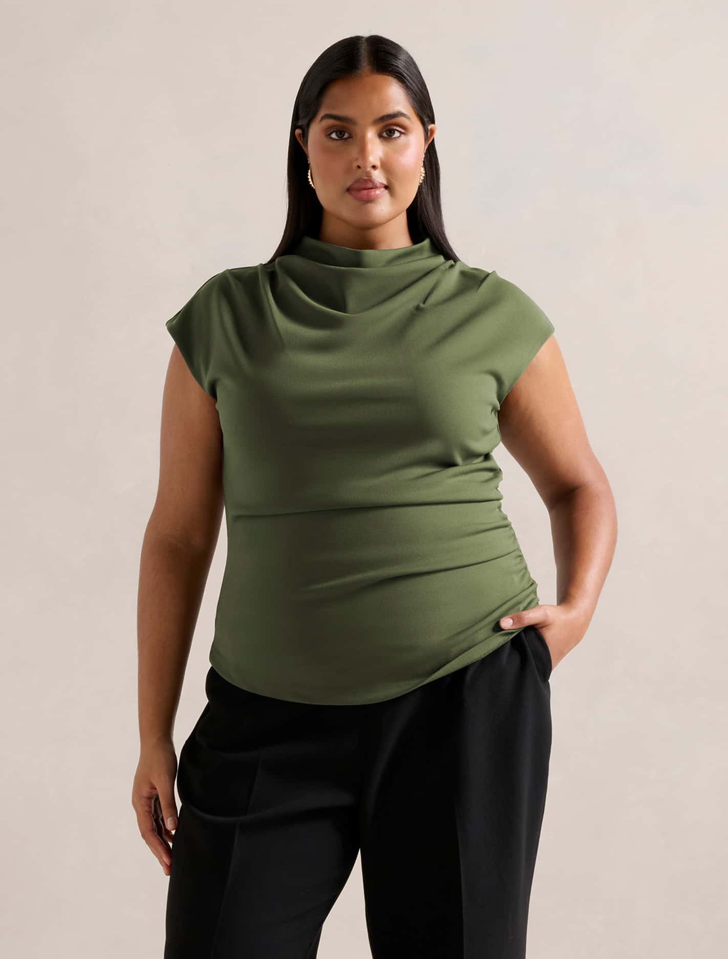 Leenah Curve Grown-on Neck Top Dark Green