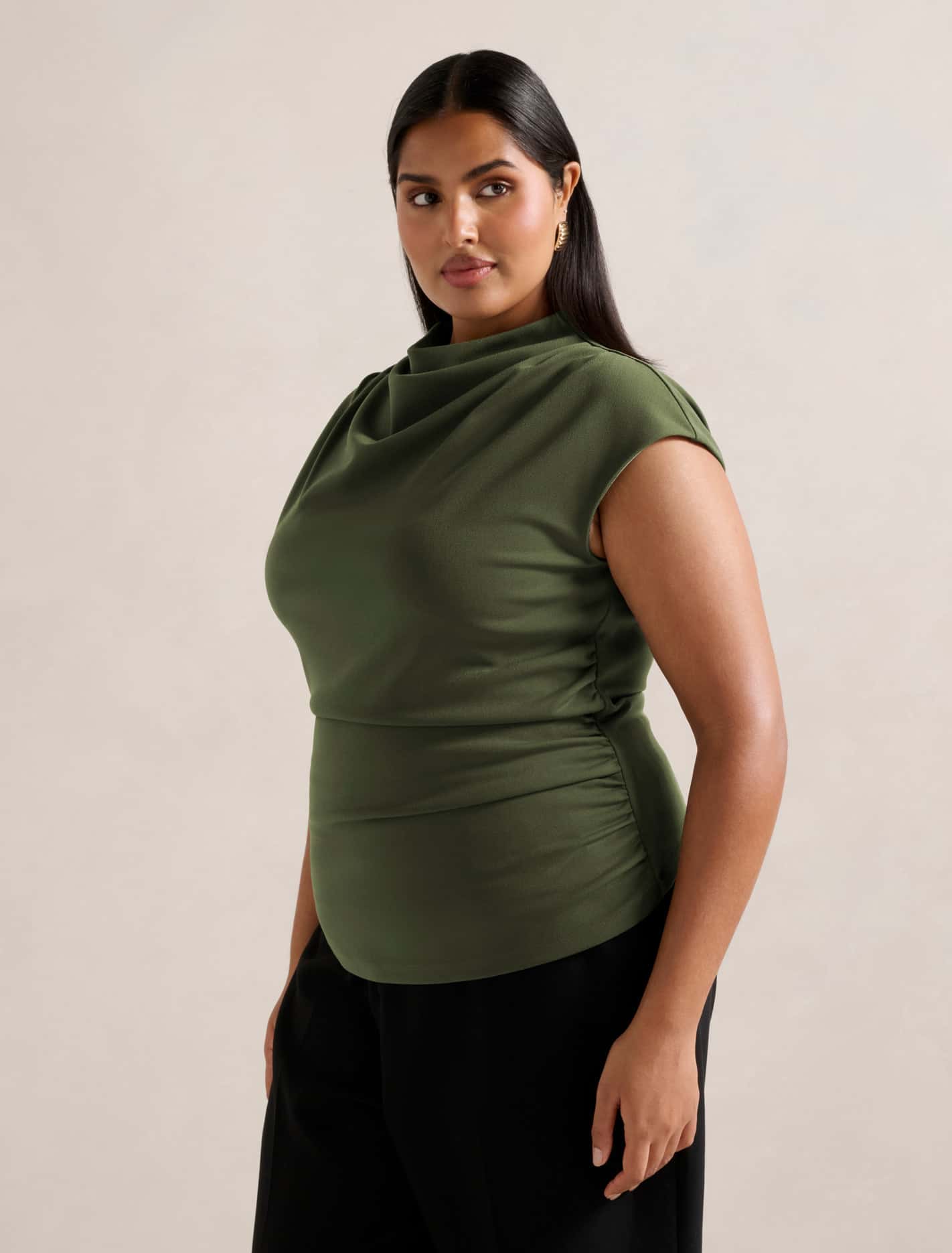 Leenah Curve Grown-on Neck Top Dark Green