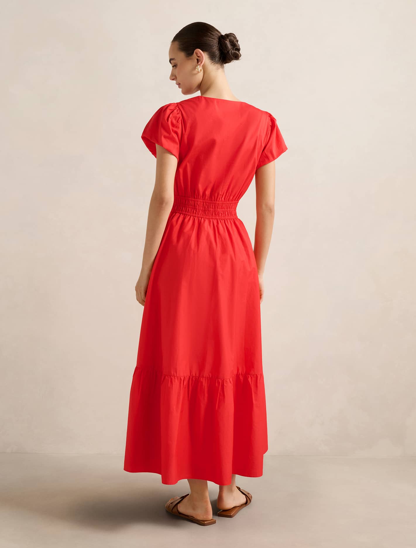 Mara Puff-Sleeve Cotton Midi Dress Flame Scarlet