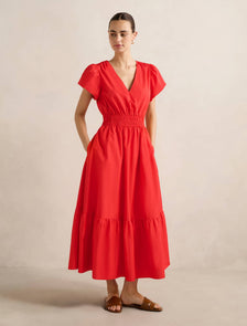 Mara Puff-Sleeve Cotton Midi Dress Flame Scarlet