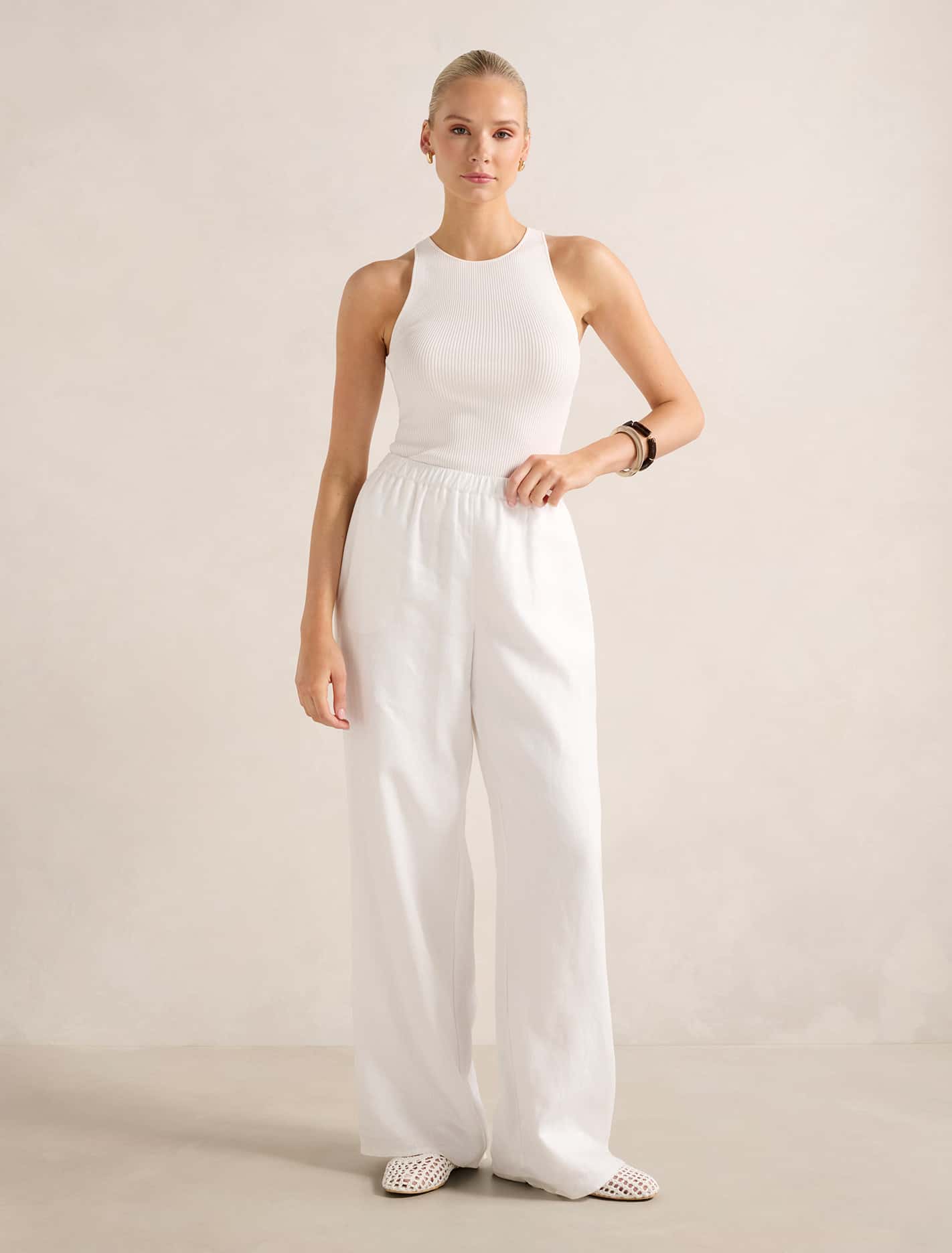 Ally Linen Elastic Wide Leg Pants Porcelain