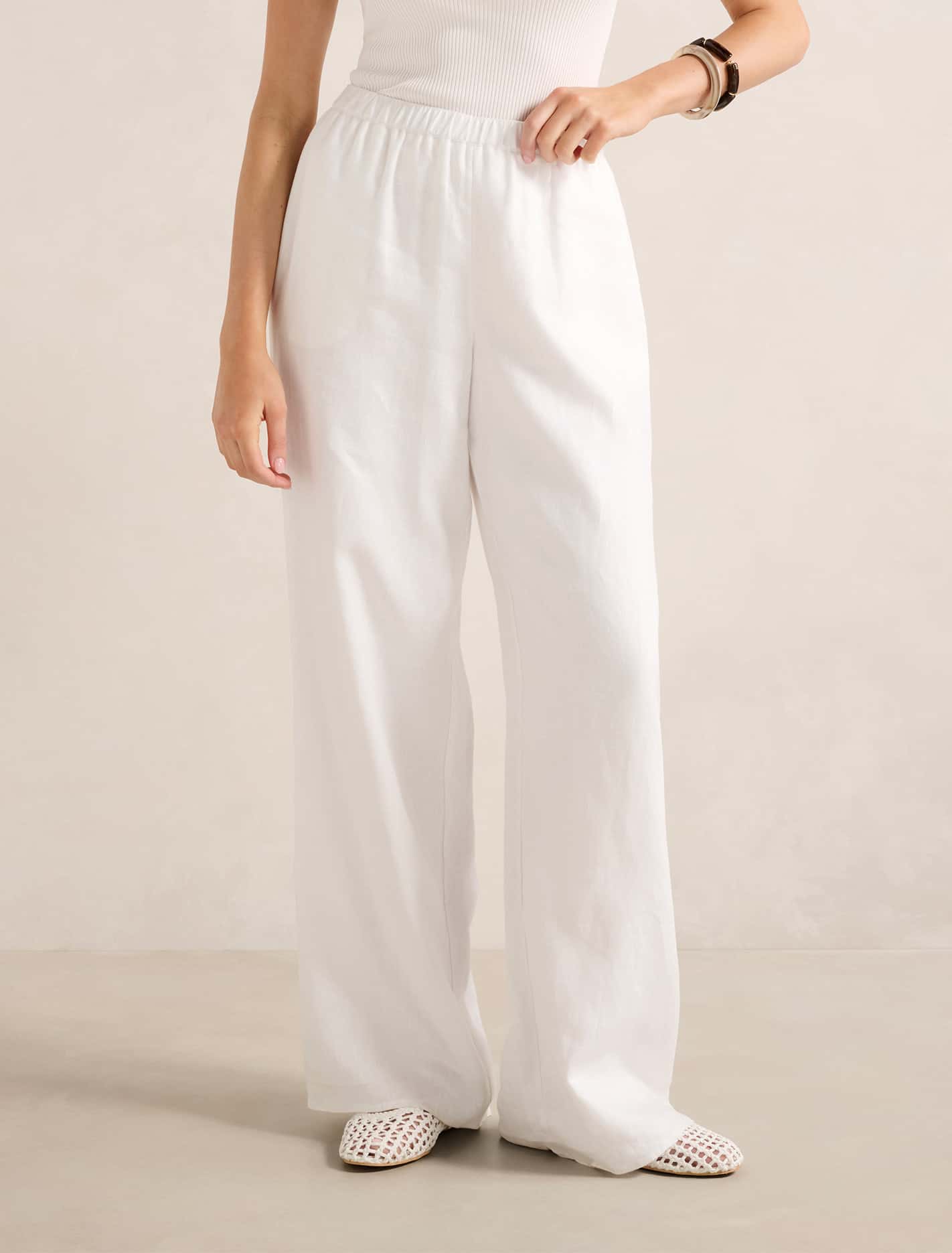 Ally Linen Elastic Wide Leg Pants Porcelain