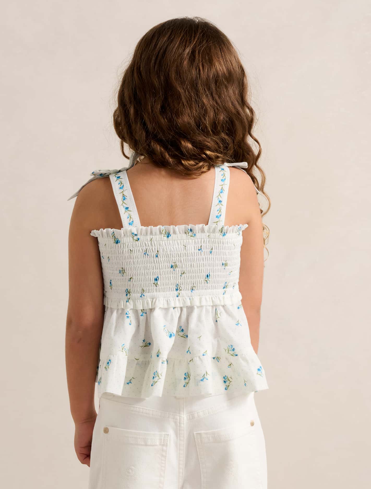 Adelaide Girls Shirred Peplum Top Bluebell Spot