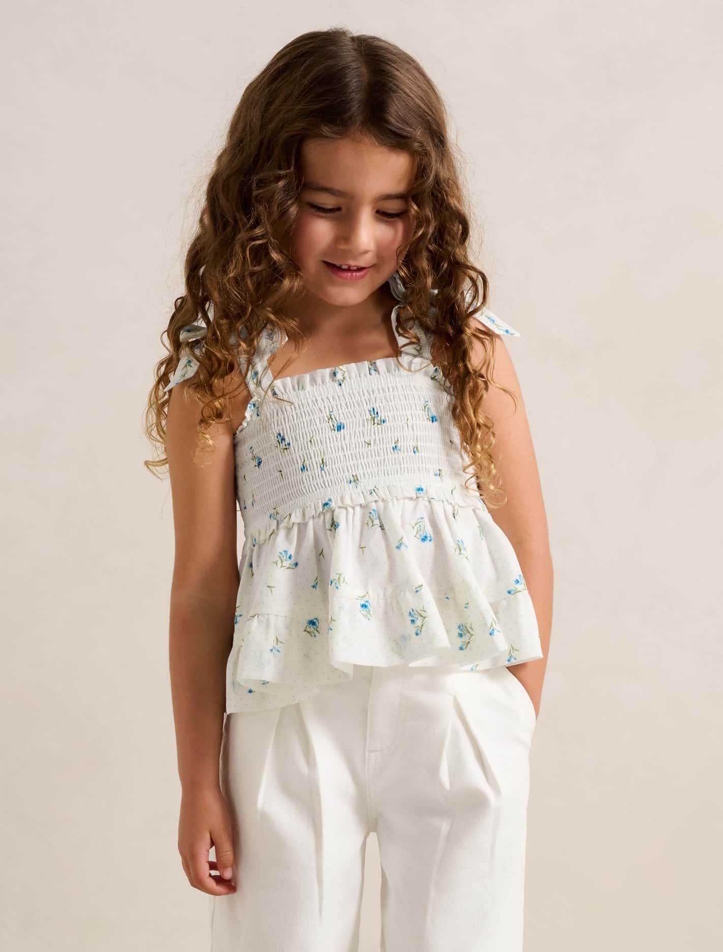 Adelaide Girls Shirred Peplum Top Bluebell Spot