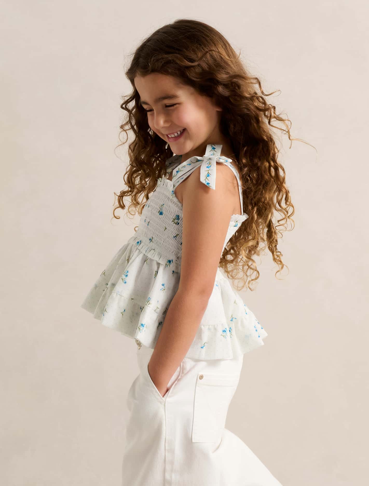 Adelaide Girls Shirred Peplum Top Bluebell Spot