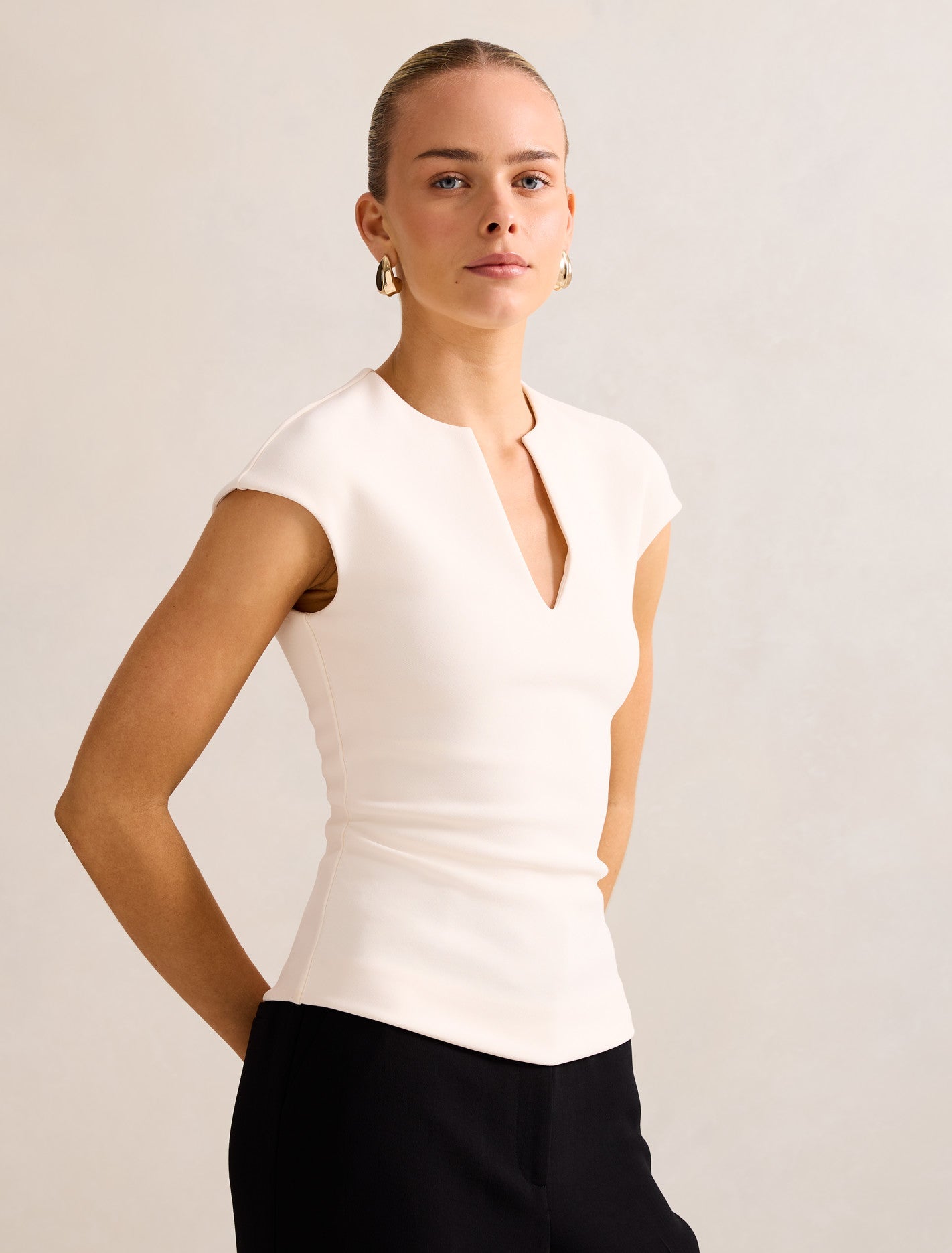 Montana V Neck Extended Shoulder Top Cream