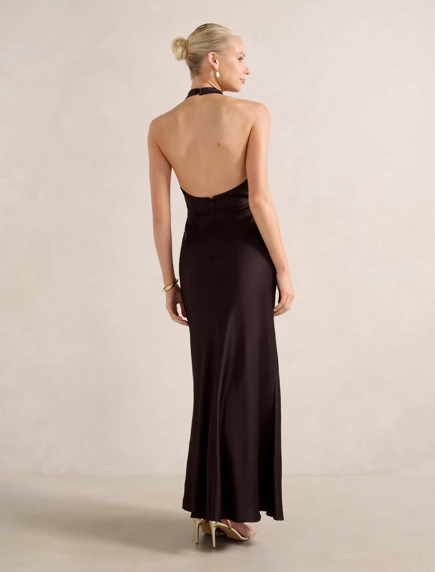 Becca Cowl Halter Satin Gown Dark Chocolate