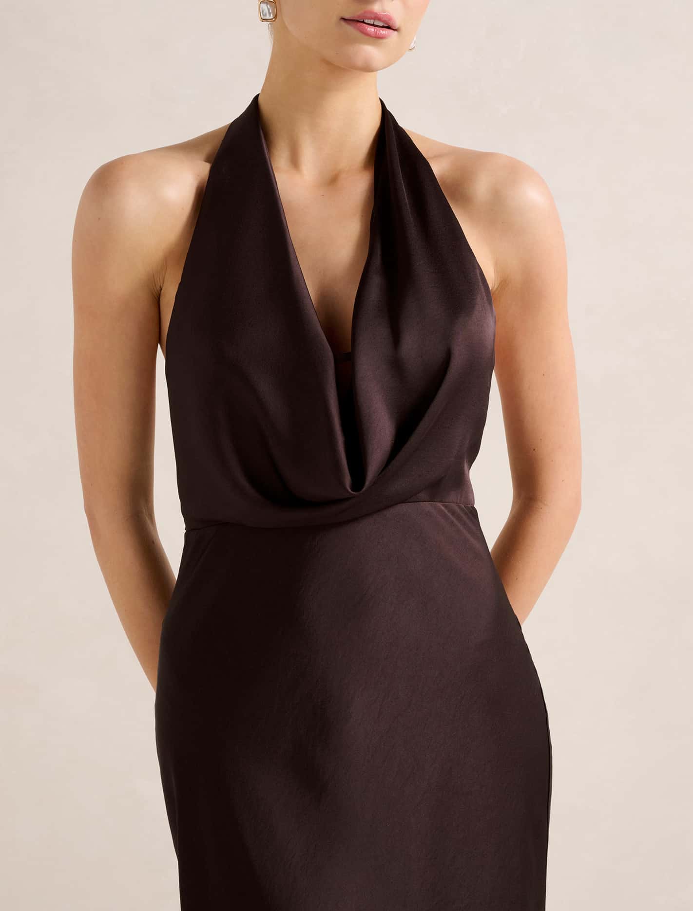 Becca Cowl Halter Satin Gown Dark Chocolate