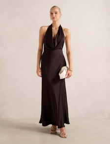 Becca Cowl Halter Satin Gown Dark Chocolate