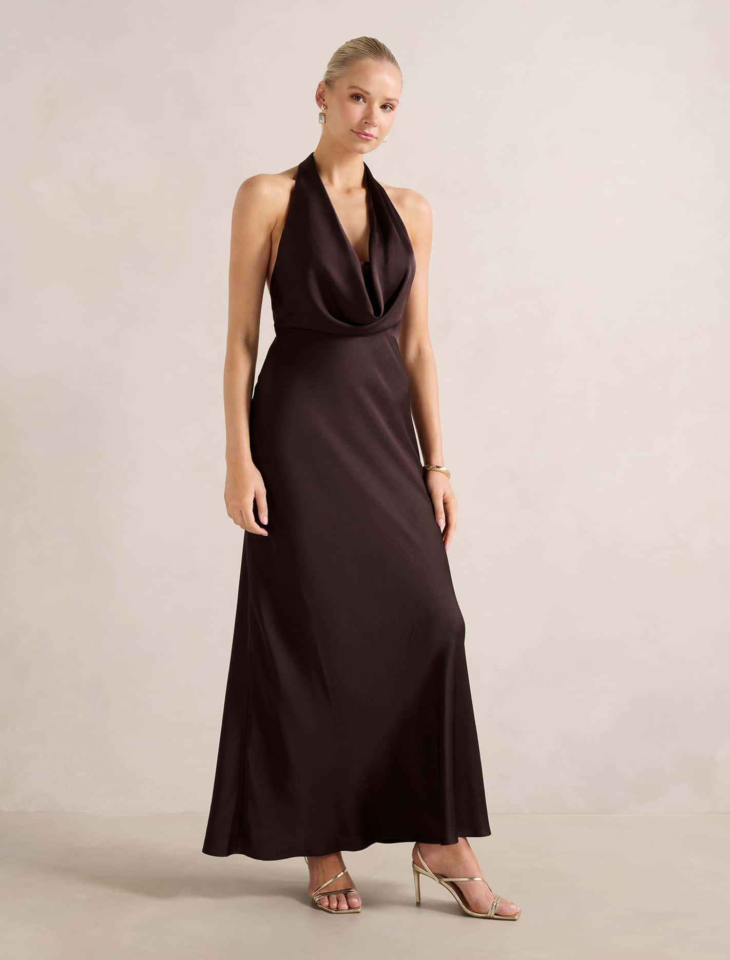 Becca Cowl Halter Satin Gown Dark Chocolate