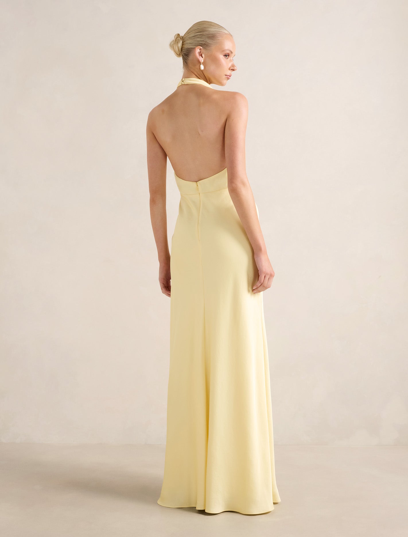 Becca Cowl Halter Satin Gown Soft Yellow