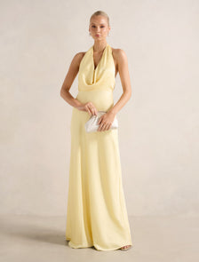Becca Cowl Halter Satin Gown Soft Yellow