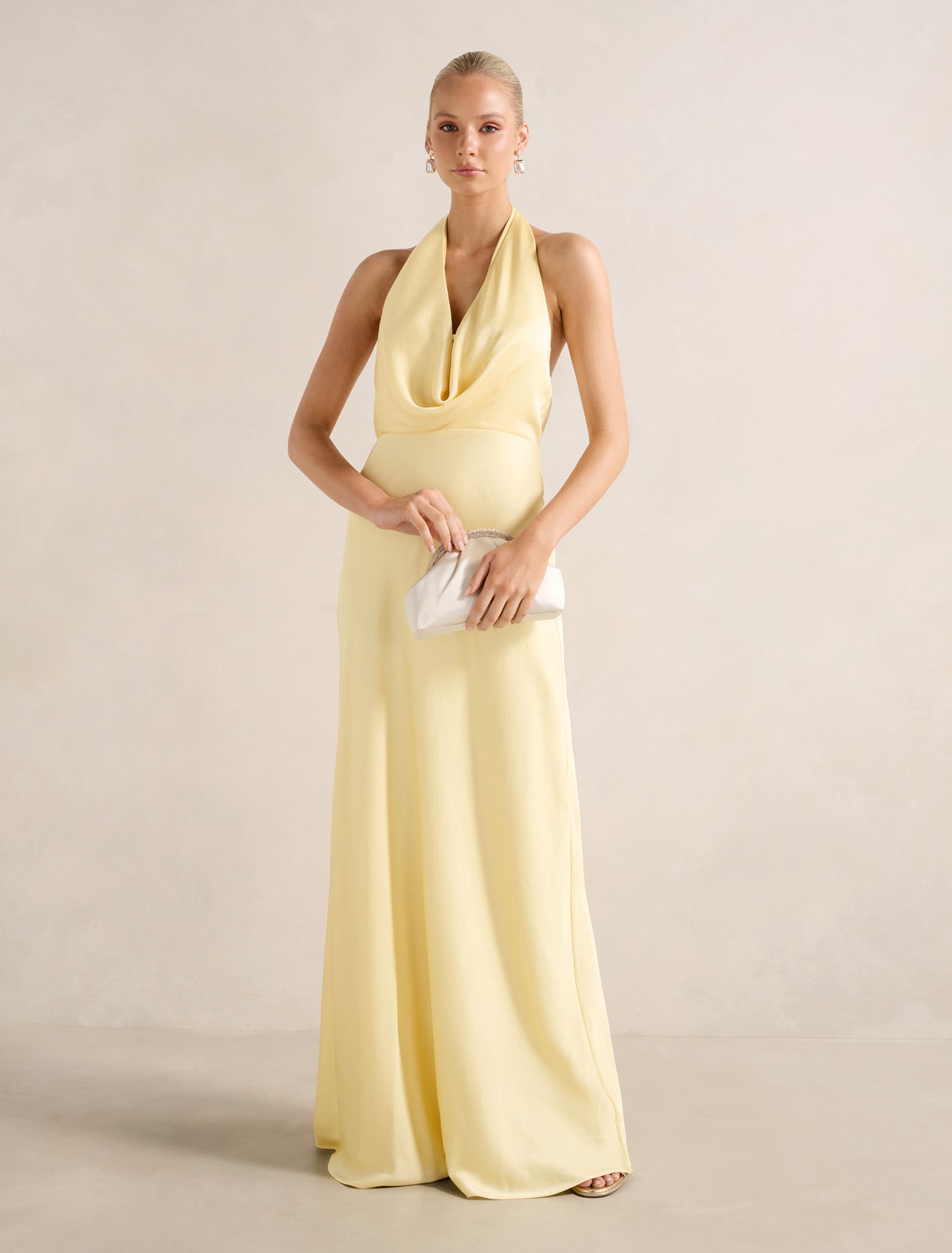 Becca Cowl Halter Satin Gown Soft Yellow