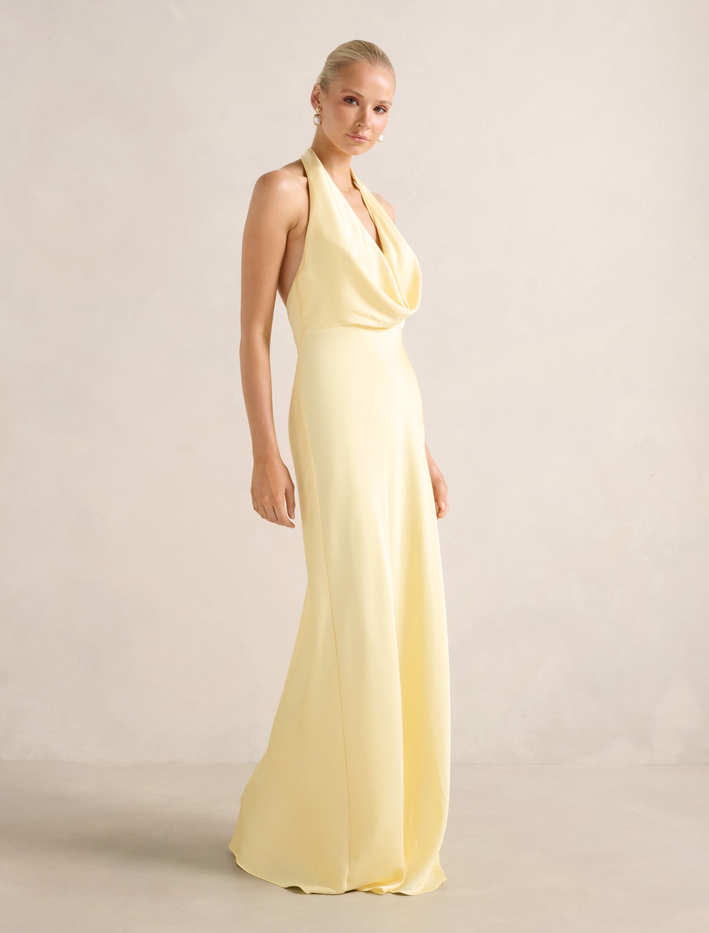 Becca Cowl Halter Satin Gown Soft Yellow