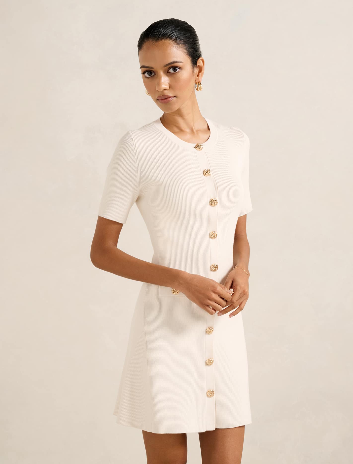 Mallory Petite Button Detail Mini Dress Cream