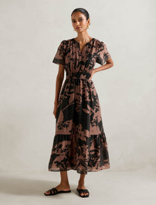 Eleanor Petite Short Sleeve Midi Dress Tan Hensley Floral