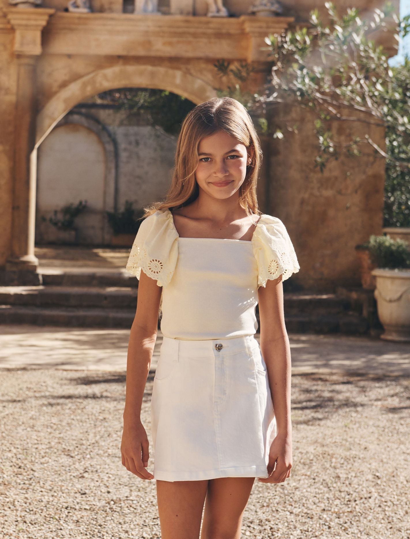 Davina Pleated Girls Denim Skirt White Cloud