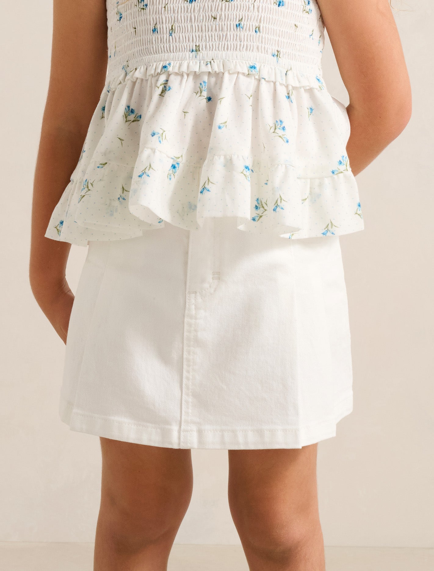 Davina Pleated Girls Denim Skirt White Cloud