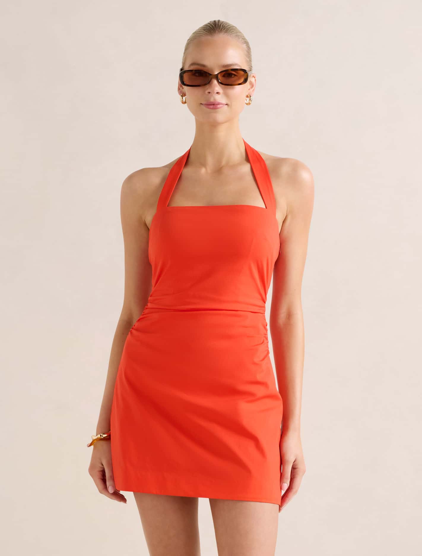 Imogen Stretch Cotton Halter Mini Dress Spicy Orange