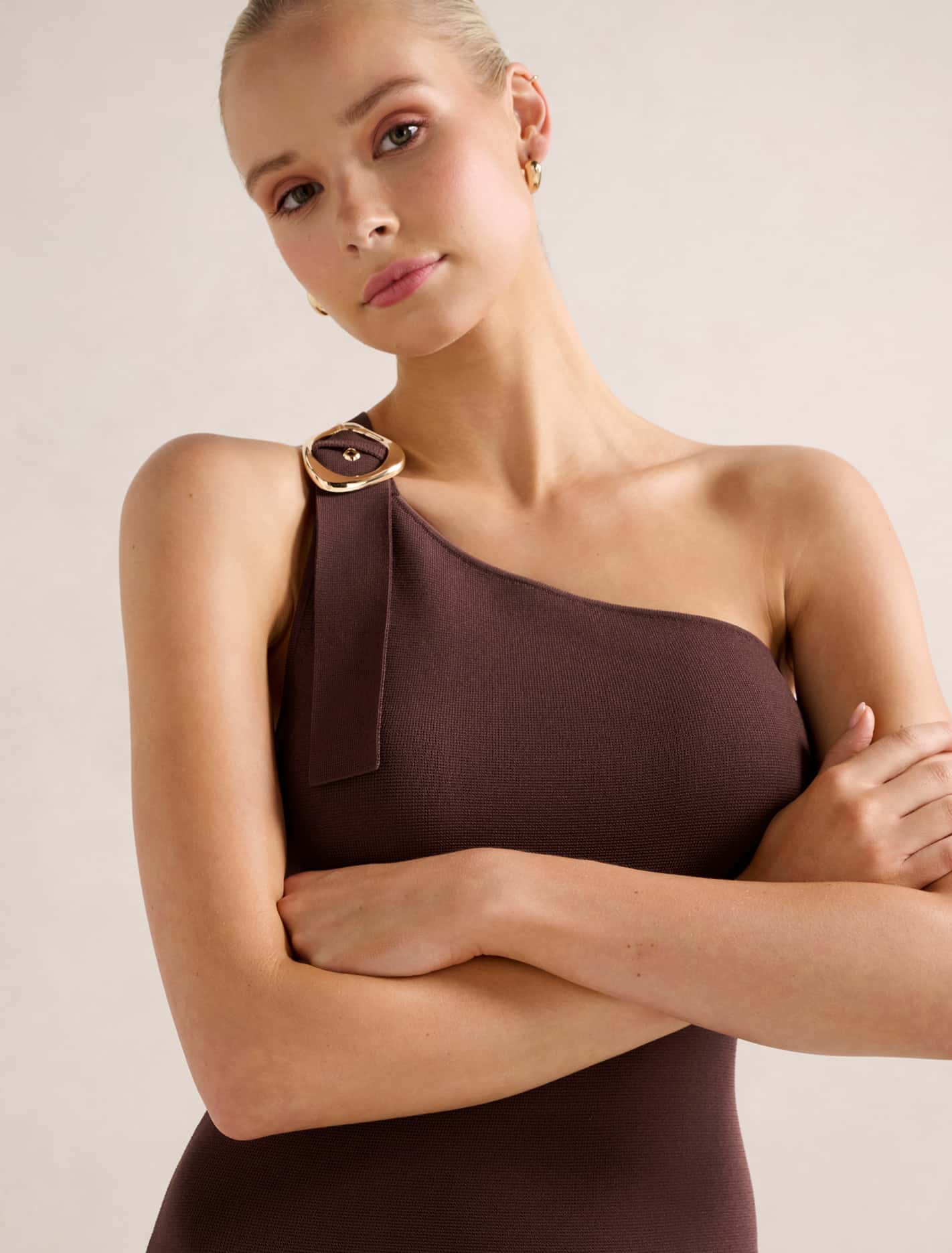 Monroe Asymmetric Knit Dress Chocolate