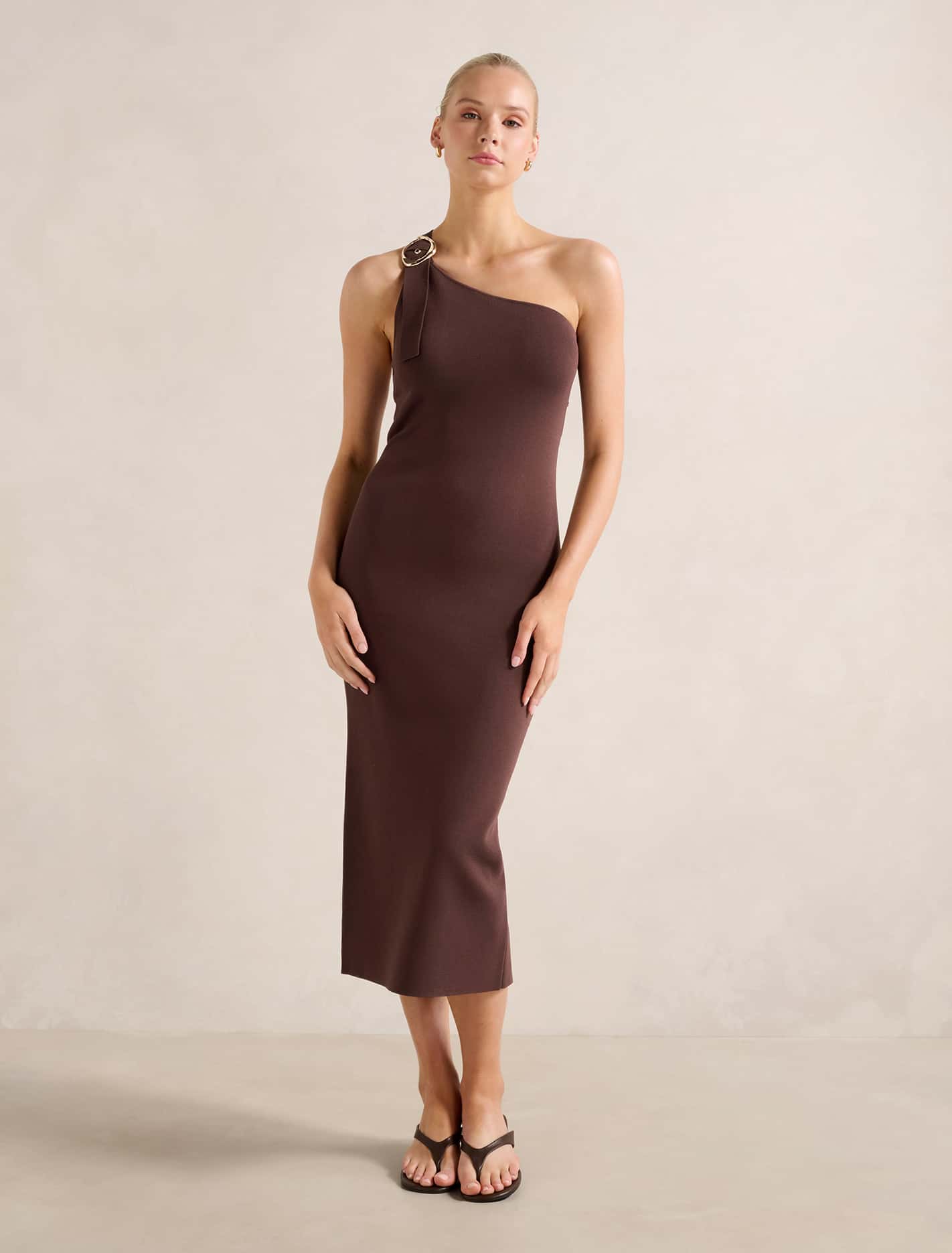 Monroe Asymmetric Knit Dress Chocolate
