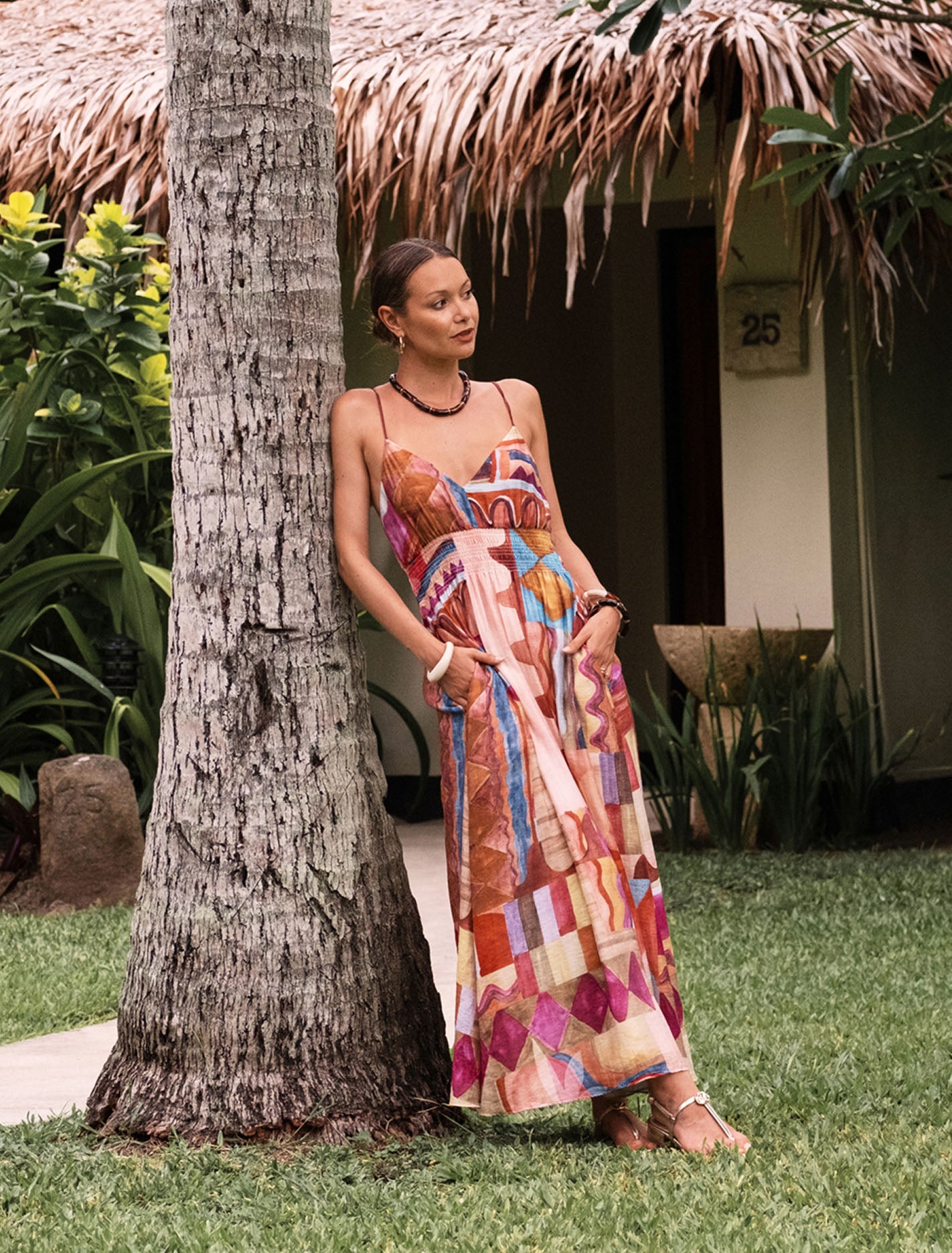 Gina Gathered Waist Midi Dress Otira Abstract