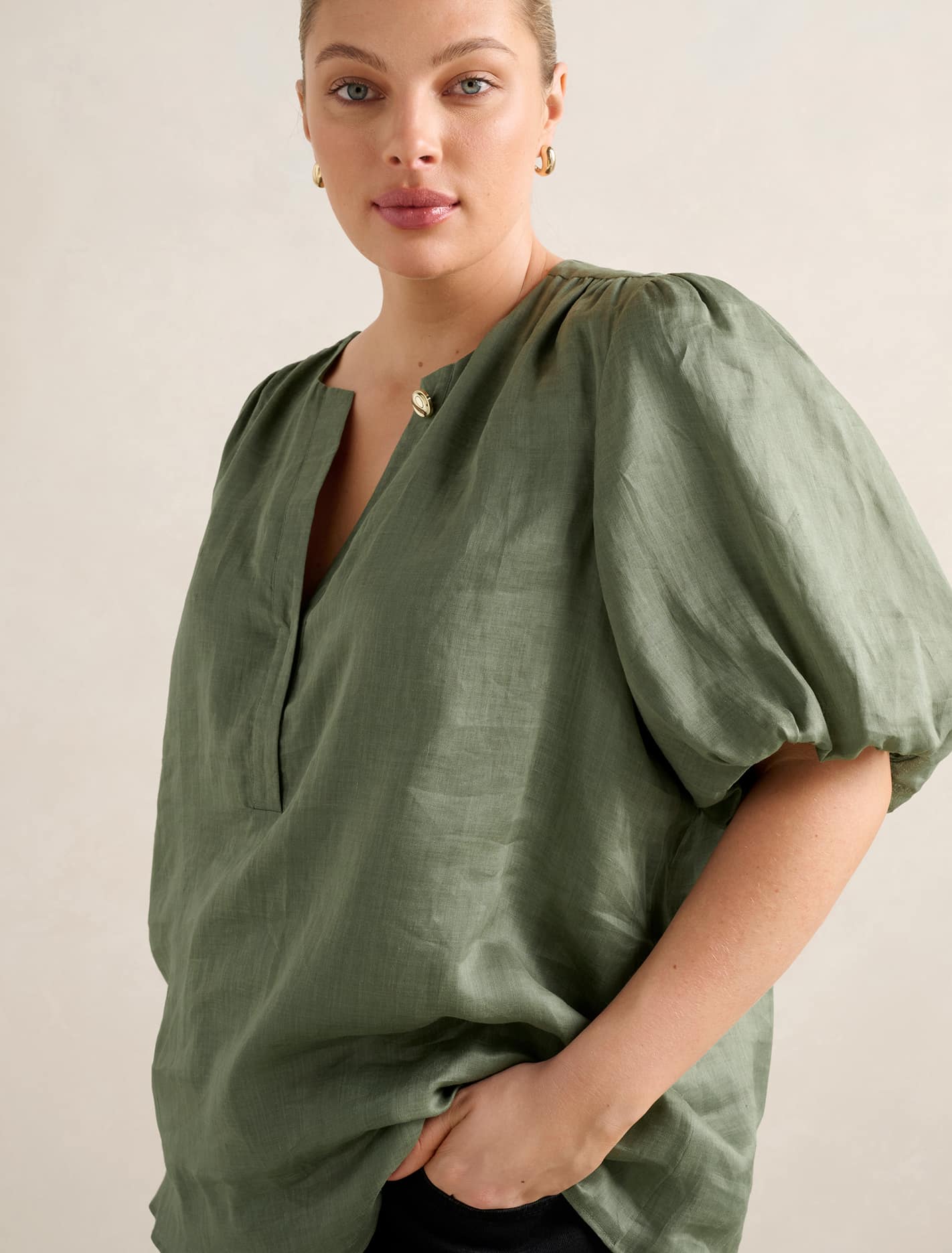 Gianna Curve Puff-Sleeve Blouse Khaki