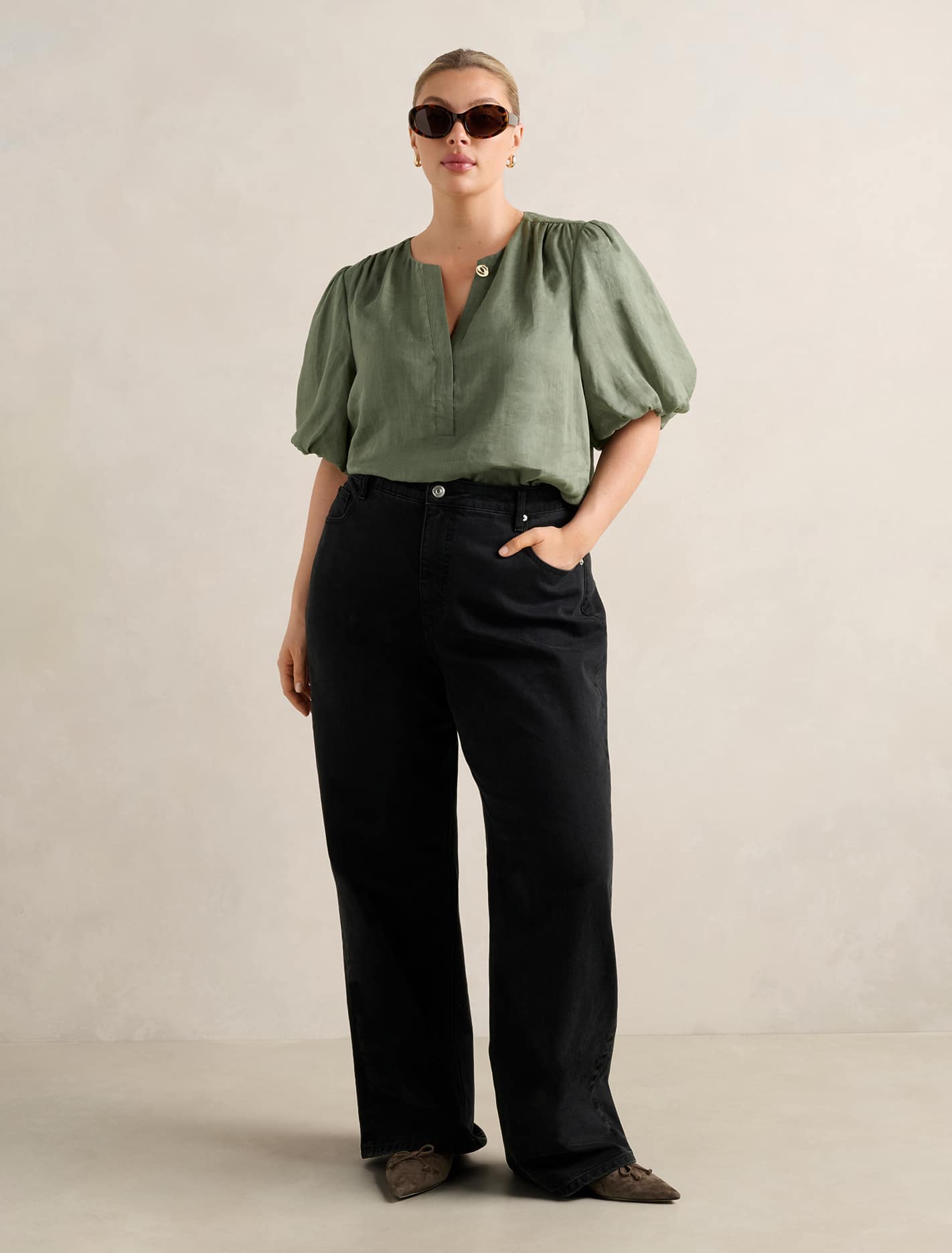 Gianna Curve Puff-Sleeve Blouse Khaki