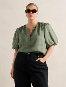 Gianna Curve Puff-Sleeve Blouse Khaki