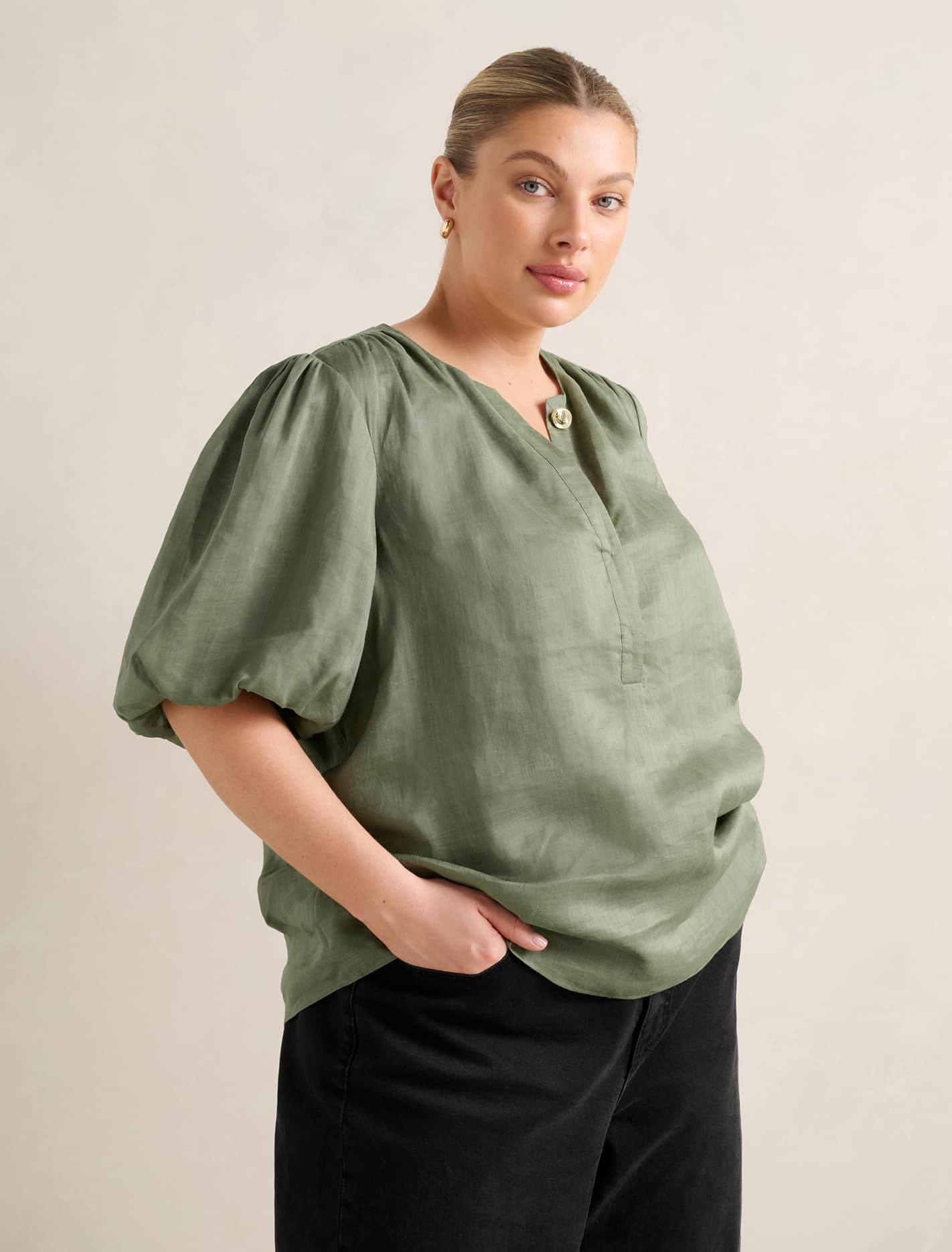 Gianna Curve Puff-Sleeve Blouse Khaki