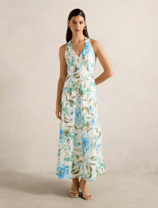 Sallie Halter Bow Midi Dress Blue Lyell Floral