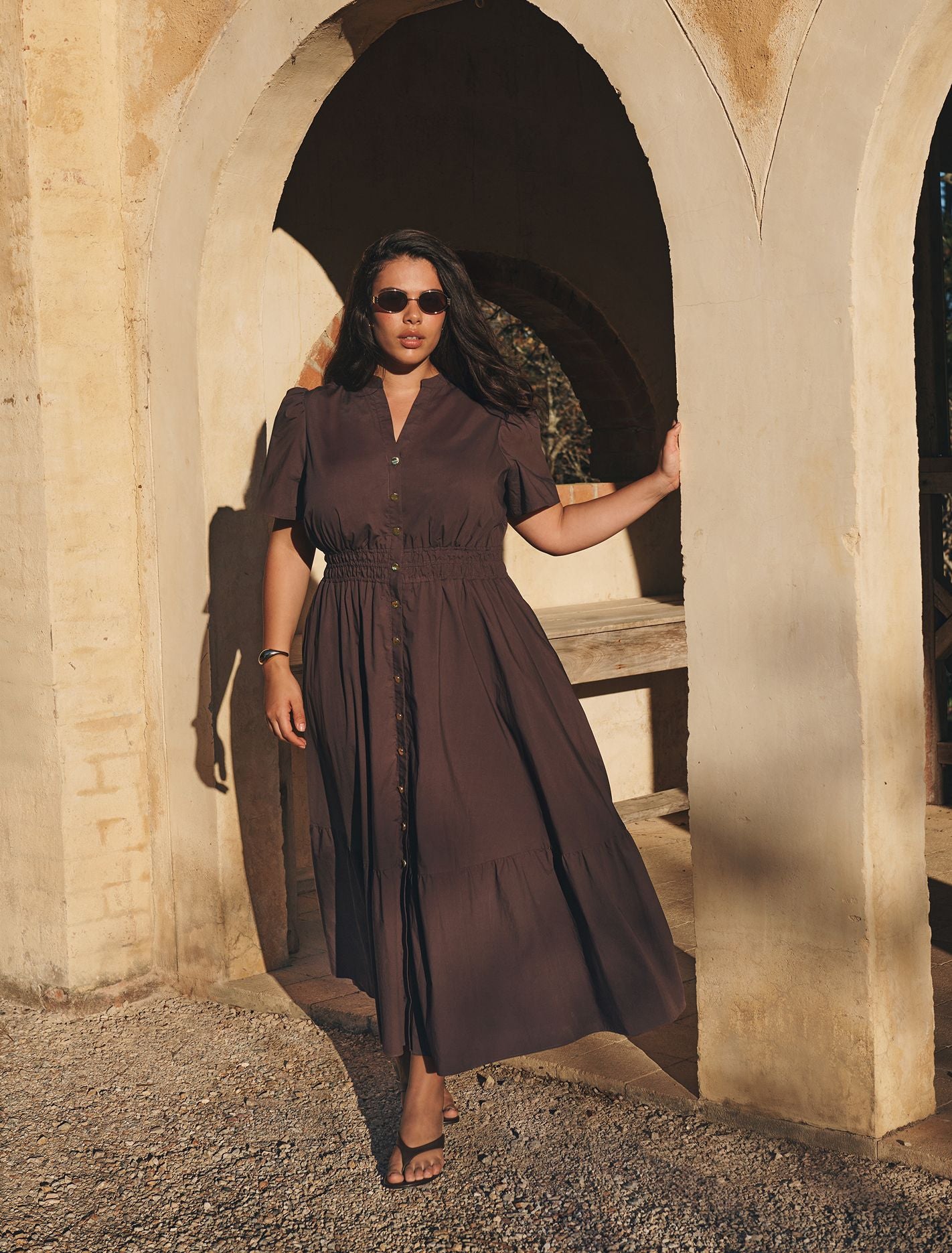 Eleanor Curve Button Down Midi Chocolate