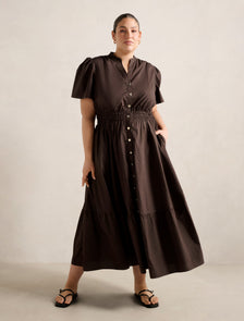 Eleanor Curve Button Down Midi Chocolate