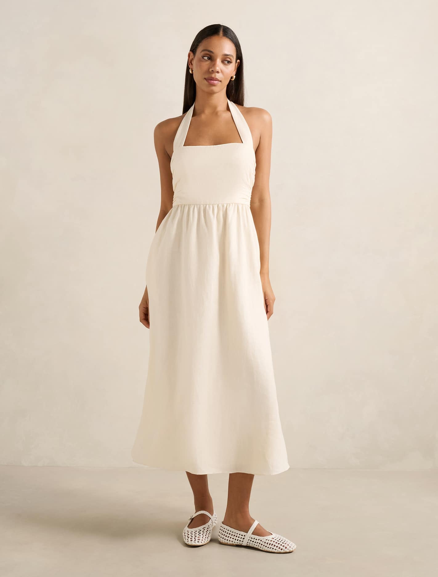 Tilda Halter Linen Midi Dress Pearl