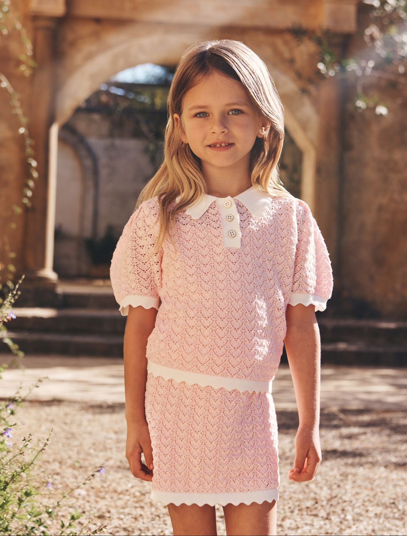Connie Girls Scallop Knit Top Pink