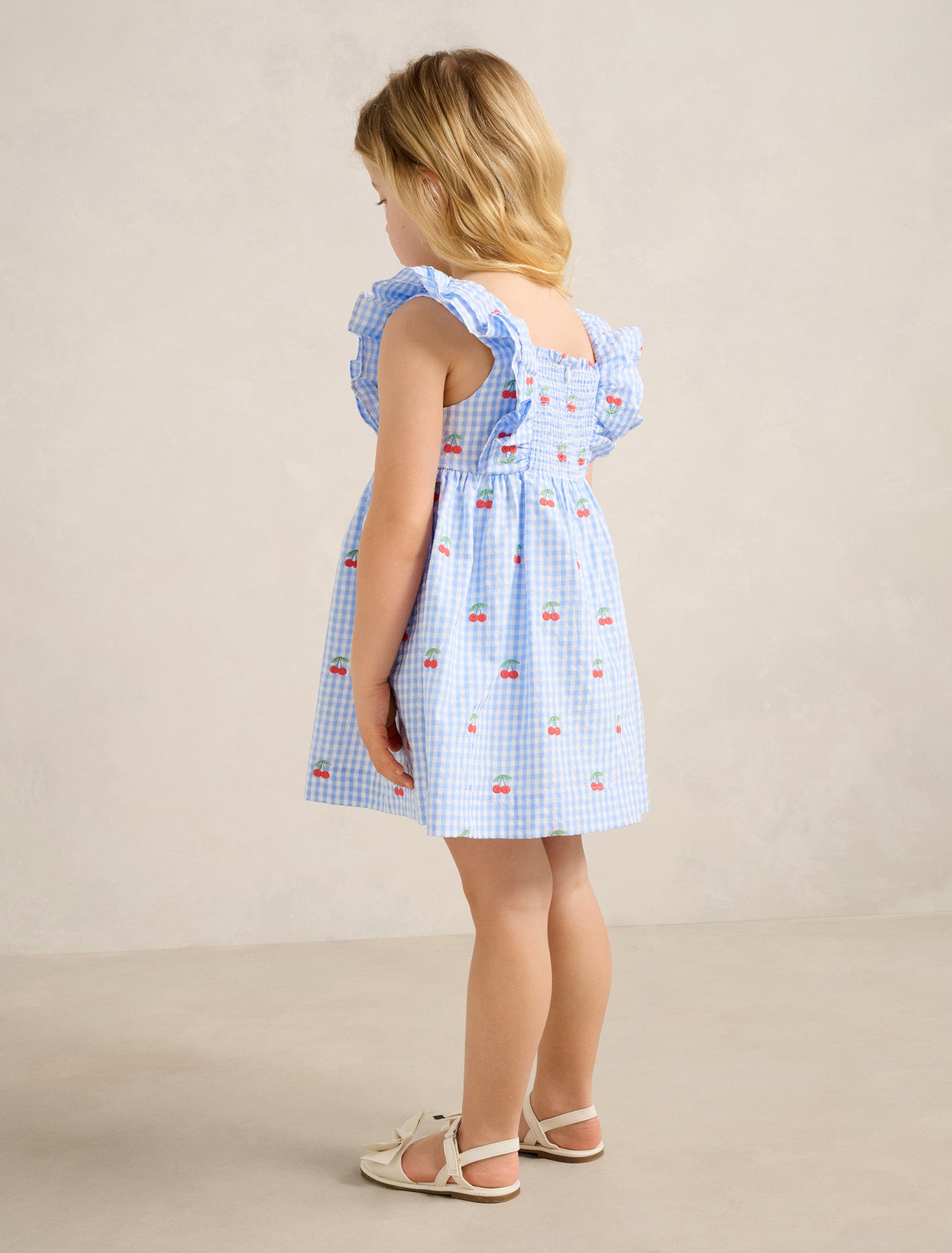Brianna Girls Shirred Emb Dress Cherry Check