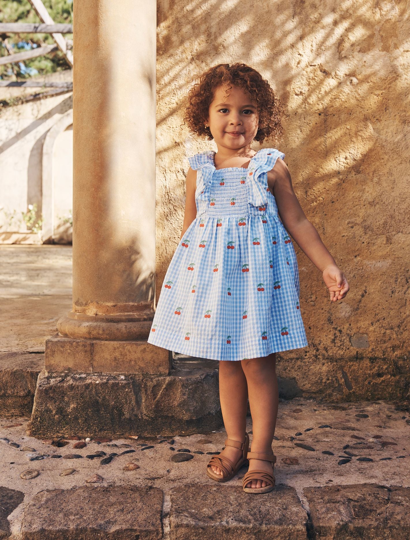 Brianna Girls Shirred Emb Dress Cherry Check