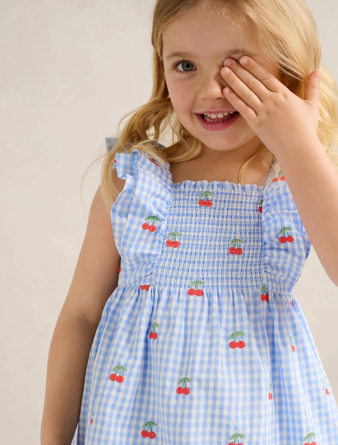 Brianna Girls Shirred Emb Dress Cherry Check