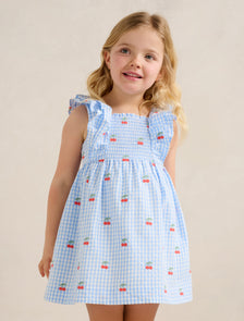 Brianna Girls Shirred Emb Dress Cherry Check