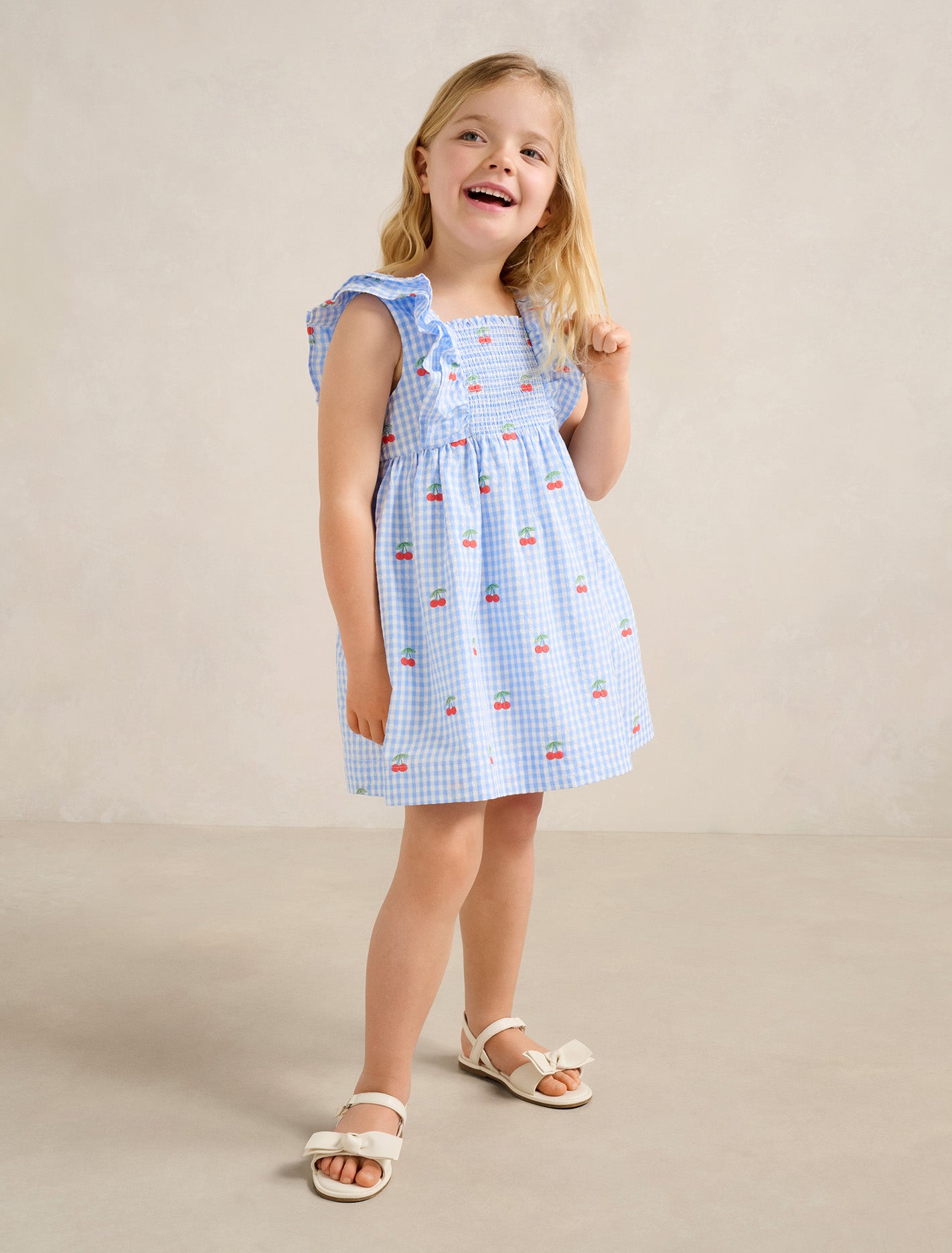 Brianna Girls Shirred Emb Dress Cherry Check