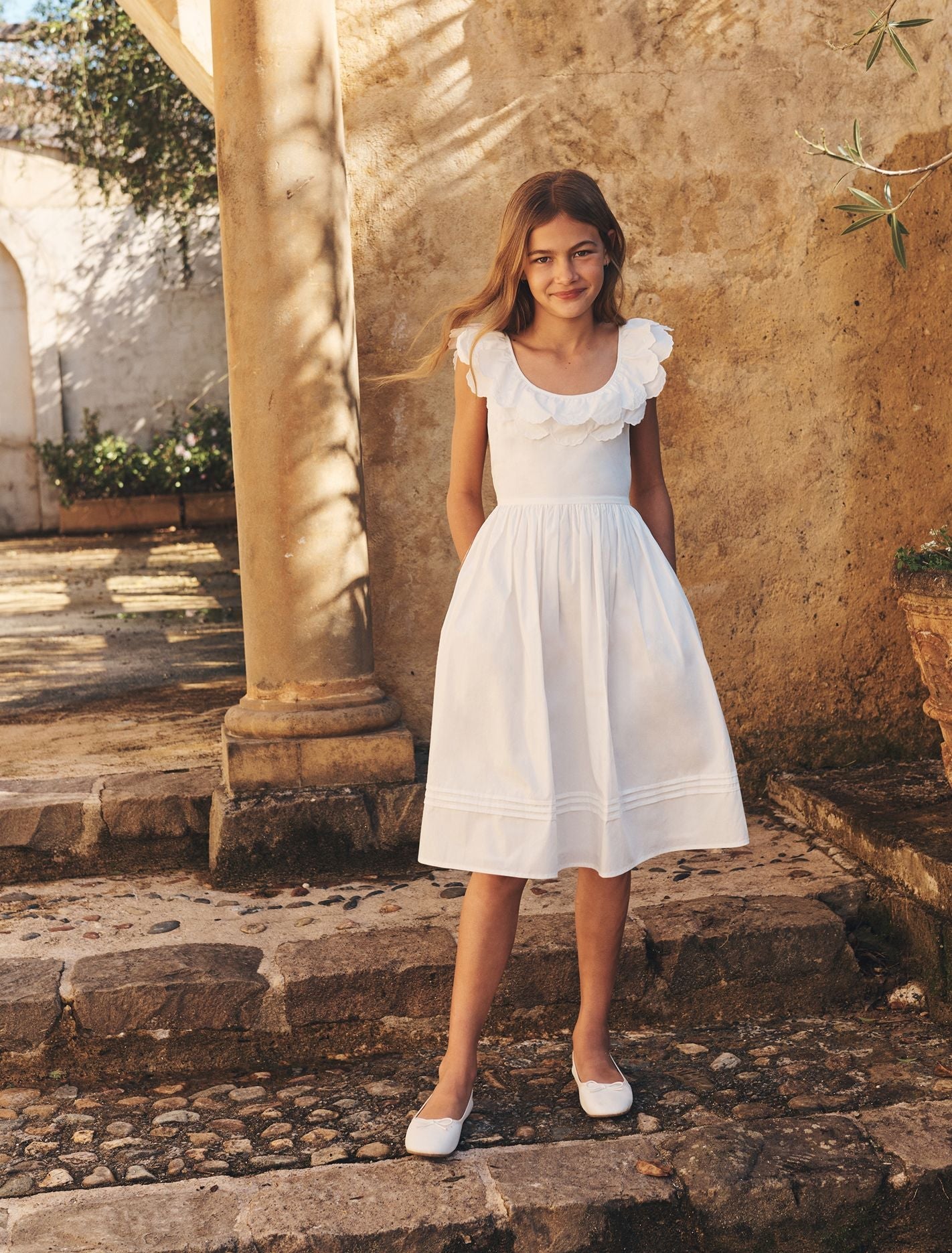 Macie Girls Petal Collar Dress White Cloud