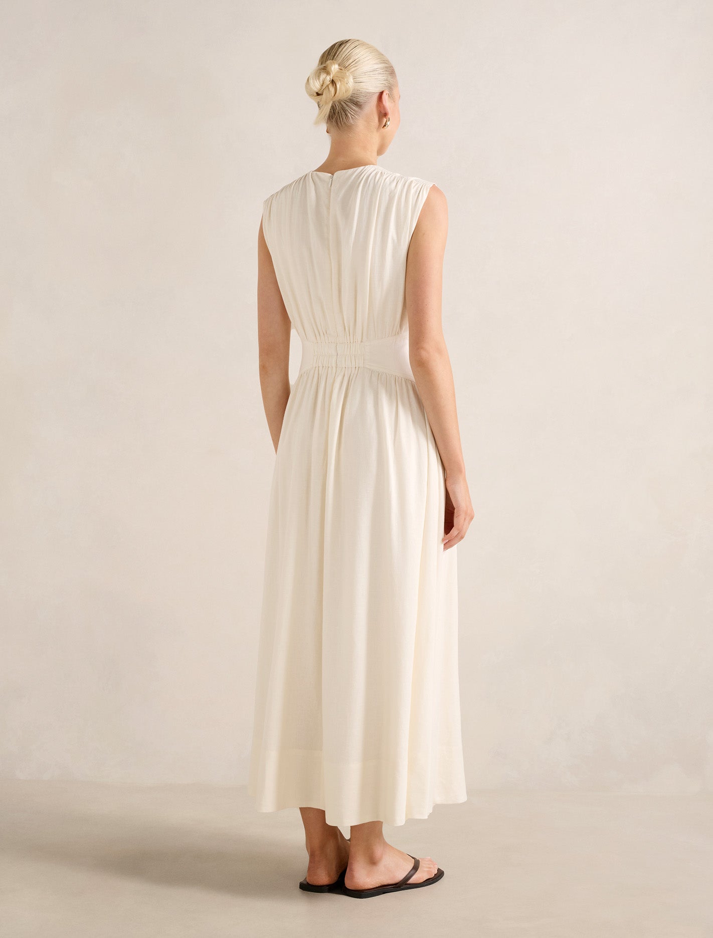 Isobel Tapered Waist Linen Midi Dress Cream