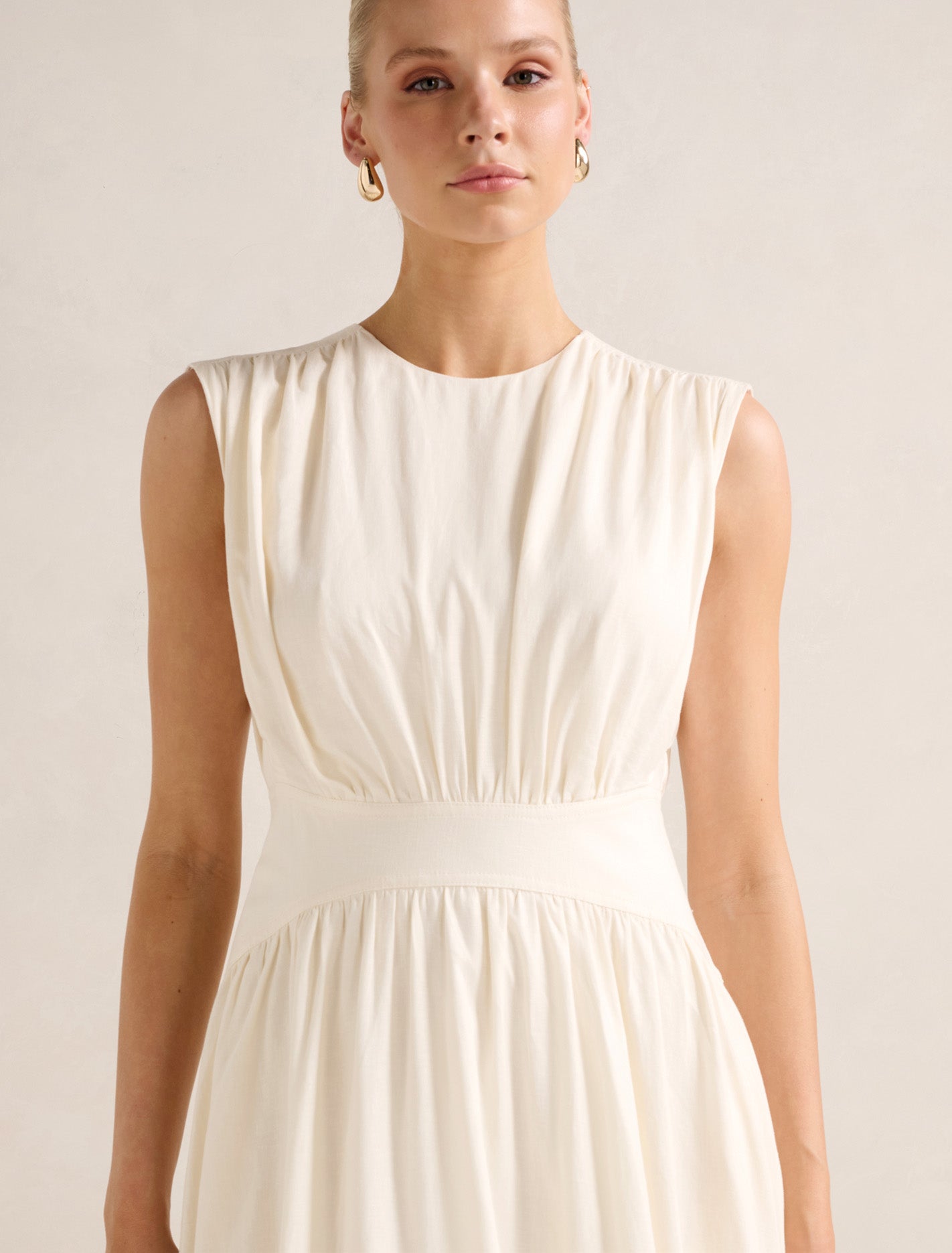 Isobel Tapered Waist Linen Midi Dress Cream