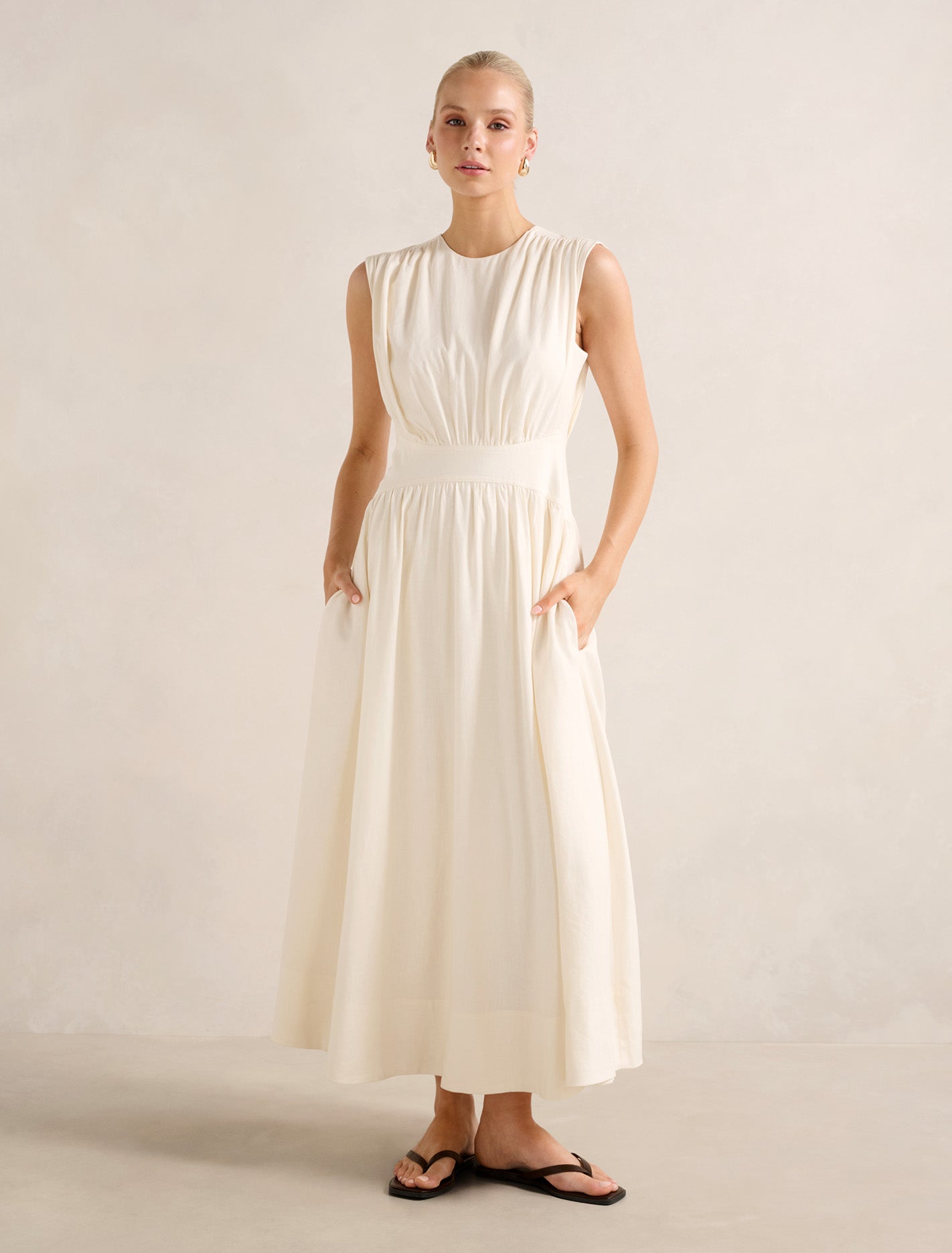 Isobel Tapered Waist Linen Midi Dress Cream