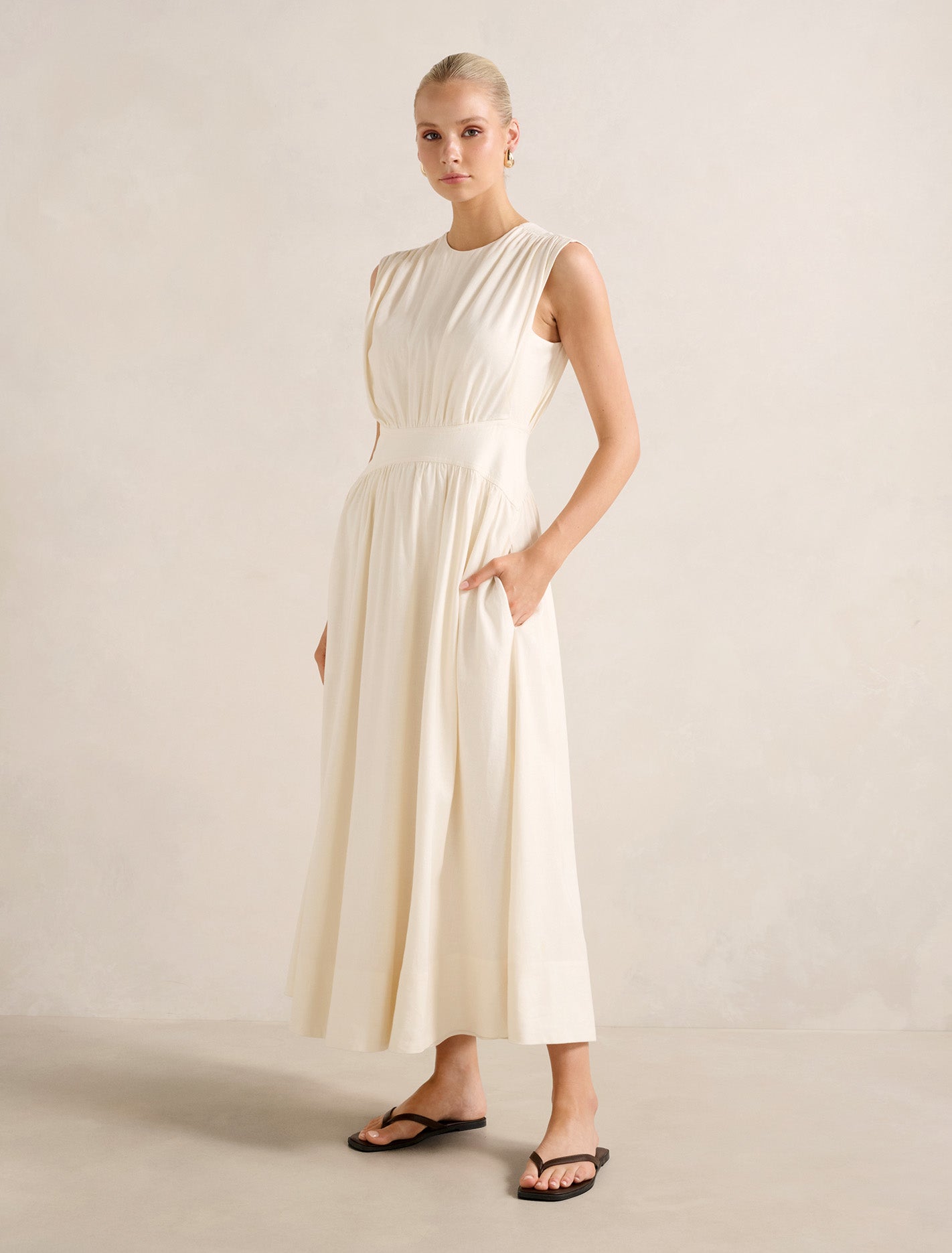 Isobel Tapered Waist Linen Midi Dress Cream