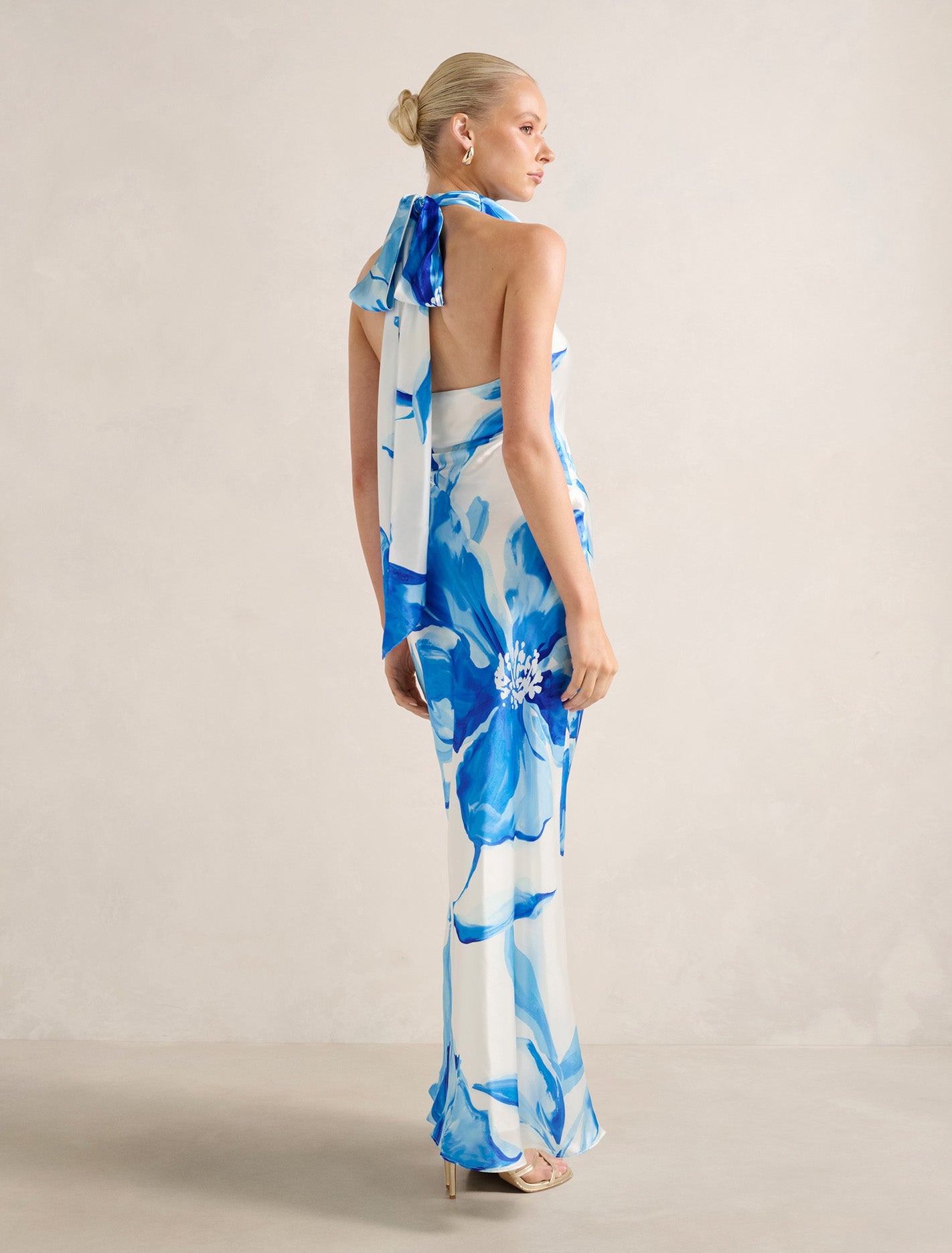Clementine High Neck Satin Maxi Blue Maia Floral