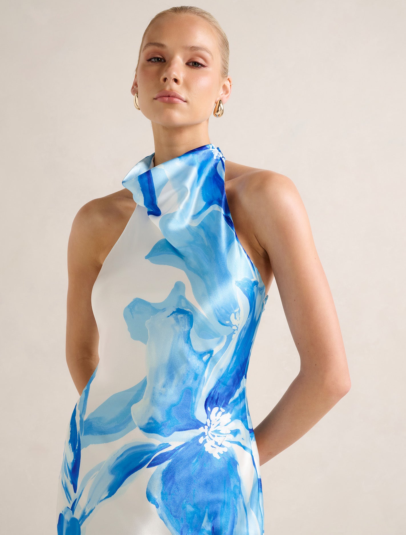 Clementine High Neck Satin Maxi Blue Maia Floral