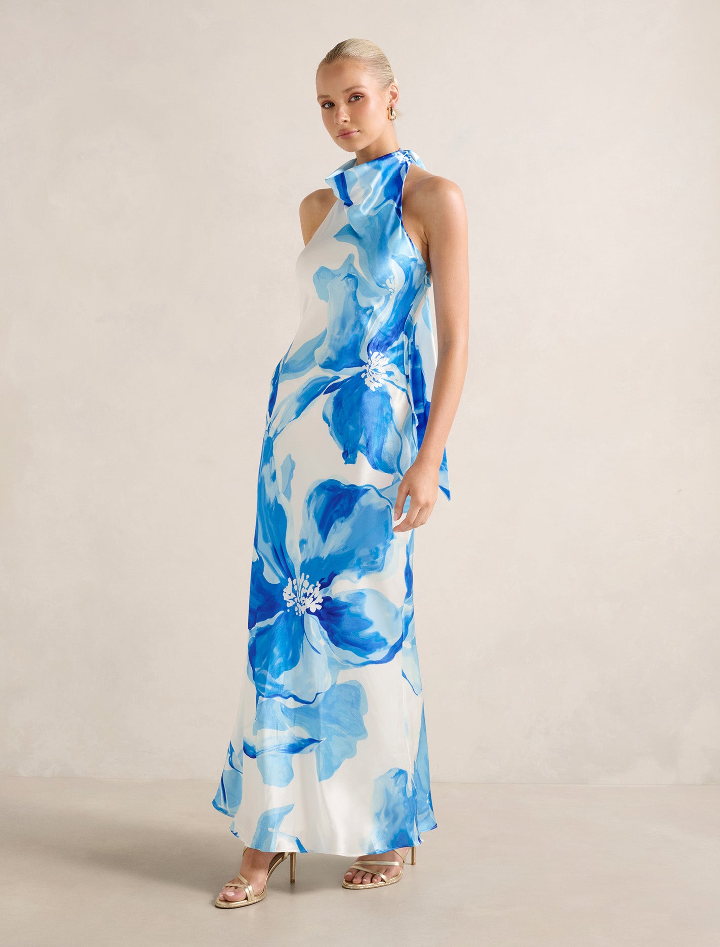 Clementine High Neck Satin Maxi Blue Maia Floral