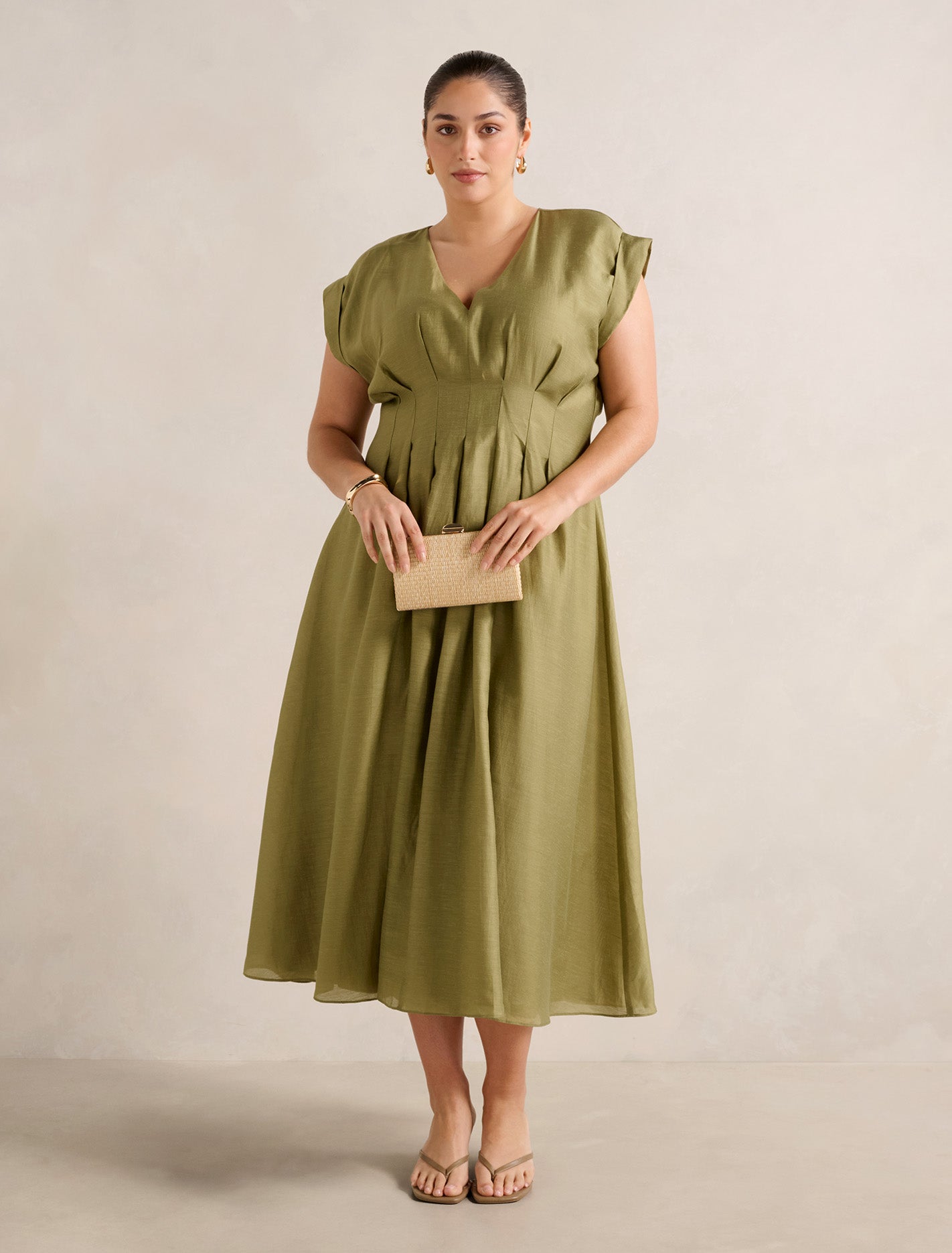 Alessandra Curve Tucked Midi Dress Green Olive