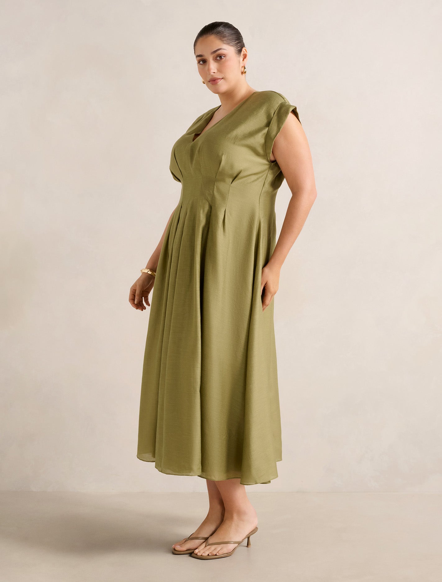 Alessandra Curve Tucked Midi Dress Green Olive